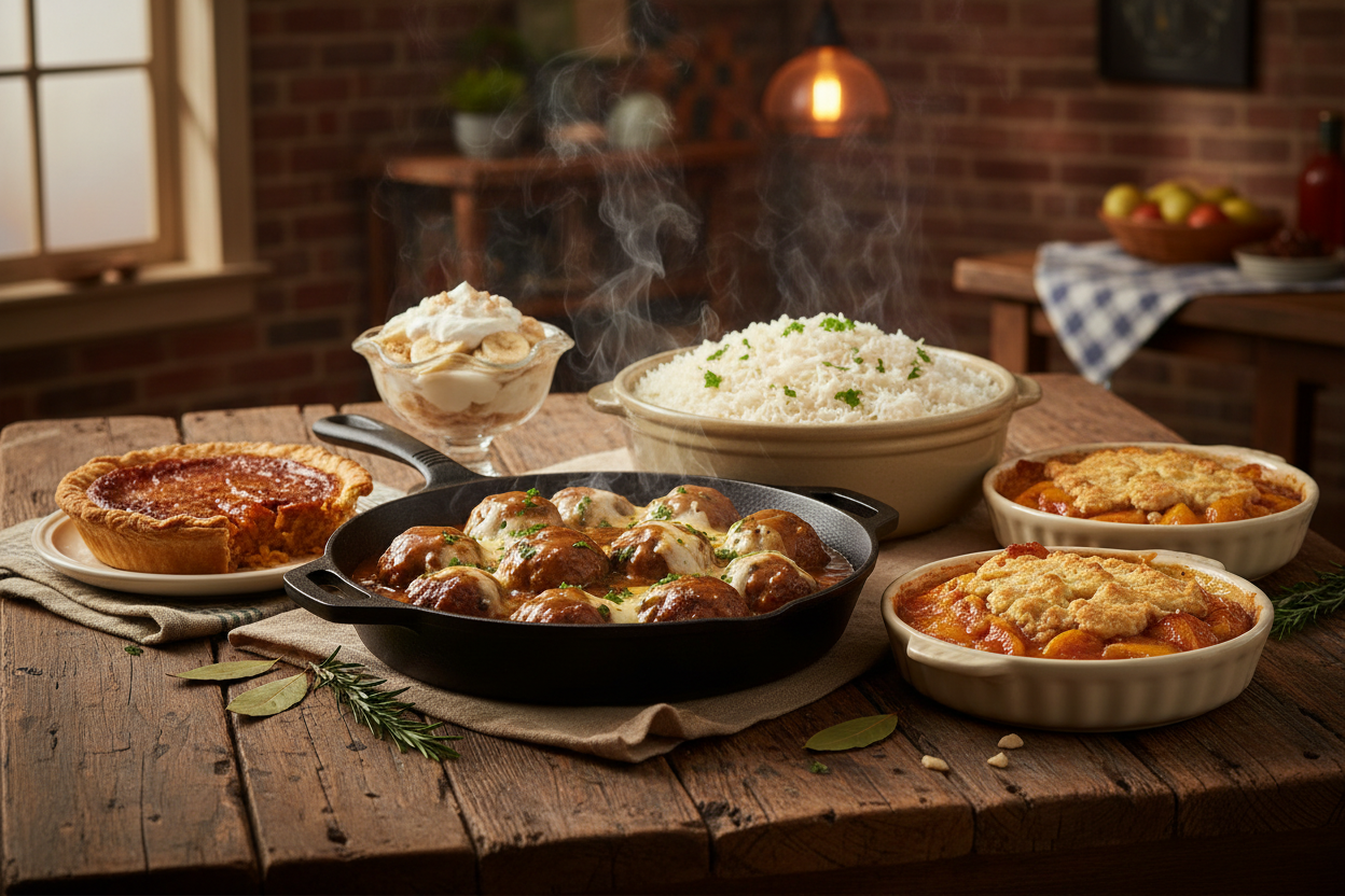 Soul food dinner with cheesy meatballs rice and gravy and dessert sides